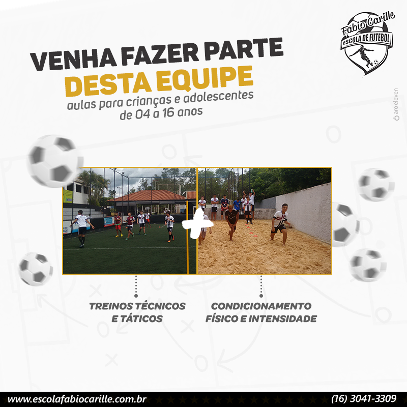 Na Fábio Carille Escola de Futebol os alunos realizam treinos técnicos e táticos, condicionamento físico e intensidade.  Venha fazer parte desta equipe. Mais informações, 3041-3309.